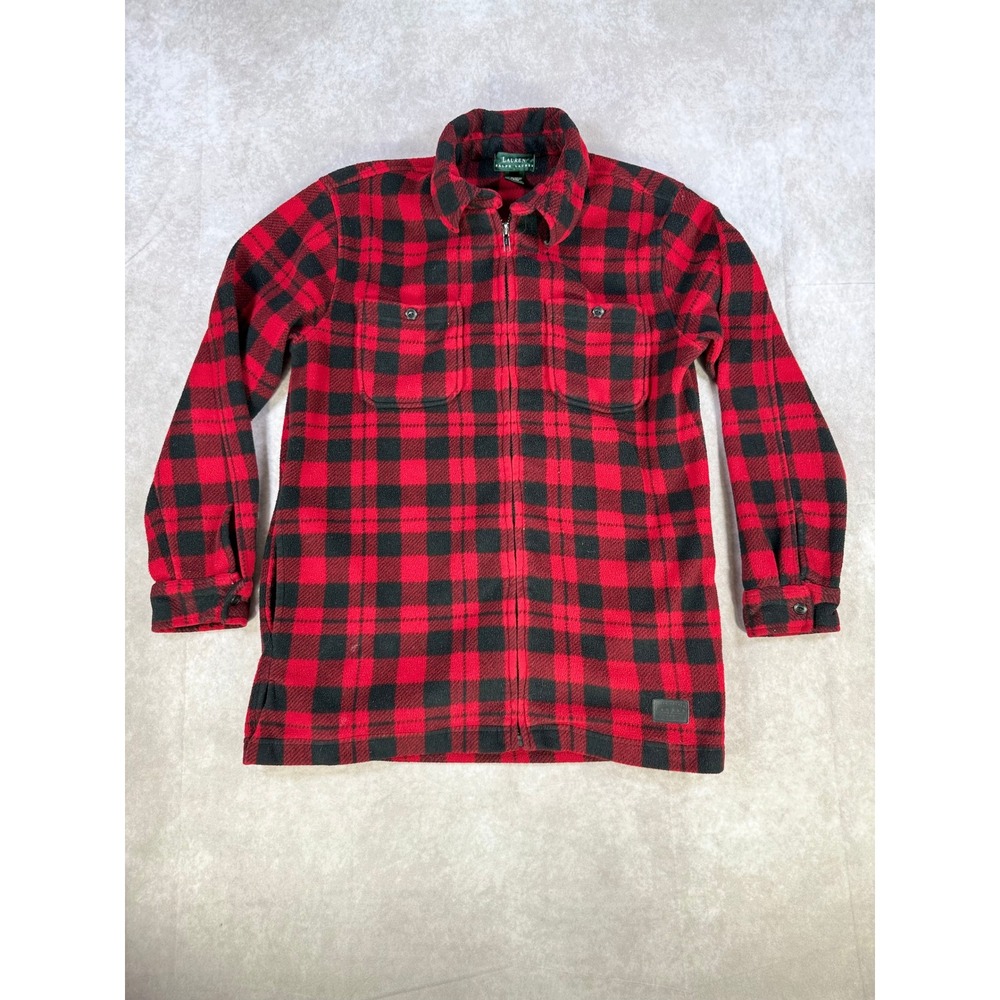Ralph Lauren Red Black Buffalo Plaid Fleece Full Zip Jacket Womens Small Shirt
